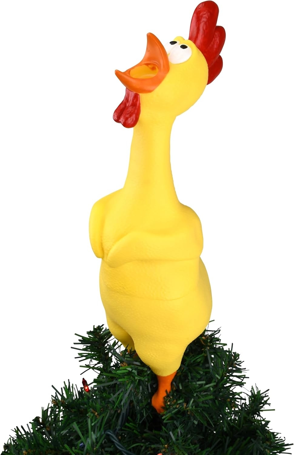 Rubber chicken perched on a Christmas tree, featured in a shopping article