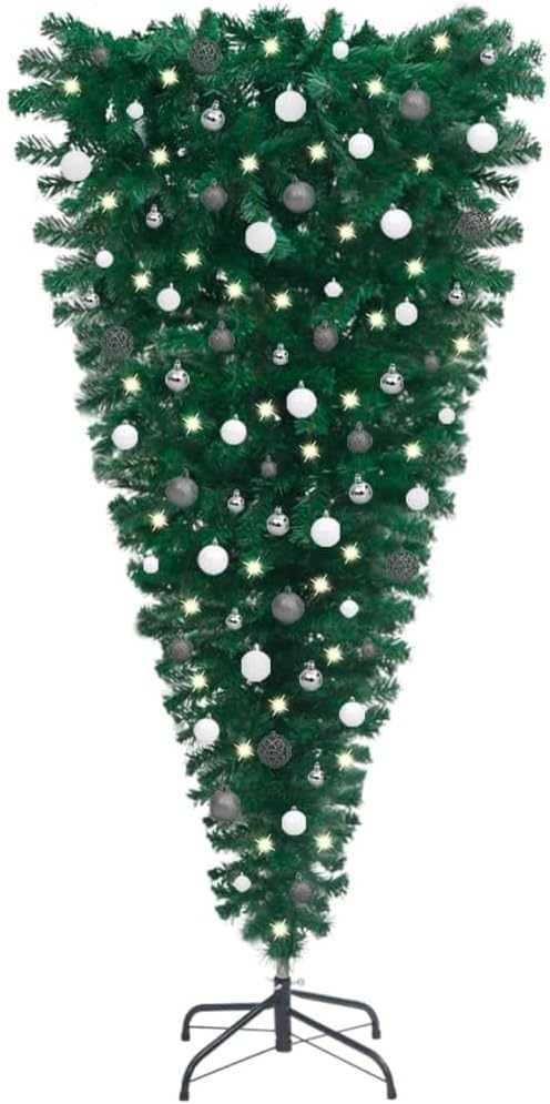 Upside-down artificial Christmas tree decorated with white and silver ornaments, marketed for holiday shopping