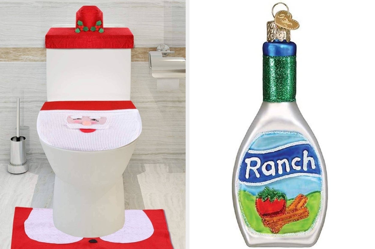Santa-themed toilet decor set beside a rubber chicken tree topper
