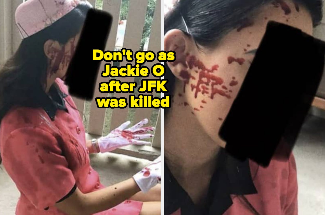 Image showing a person dressed as Jackie O in a blood-stained pink suit and hat with censored face, with text warning not to mimic the post-JFK assassination look