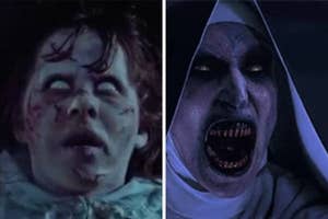 Two horror movie characters: Regan from "The Exorcist" with a possessed appearance, and the demon nun Valak with a menacing expression