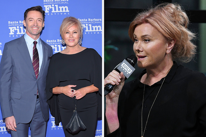 Hugh Jackman and Deborra-lee Furness pose together on the red carpet vs Deborra-lee Furness speaks with a microphone in her hand