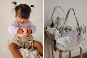 Toddler in a pastel outfit plays with a teething toy; next to a baby essentials organizer with diapers and a soft toy