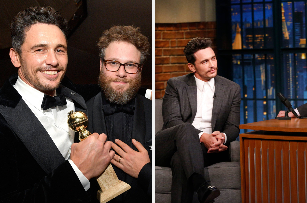 James Franco in a tuxedo with Golden Globe, posing with Seth Rogen vs James Franco in a suit on a talk show set