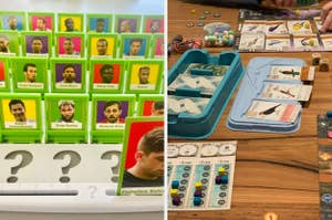 Board games on a table; one is a football-themed guessing game featuring players, including a prominently displayed card of a player in a blue shirt