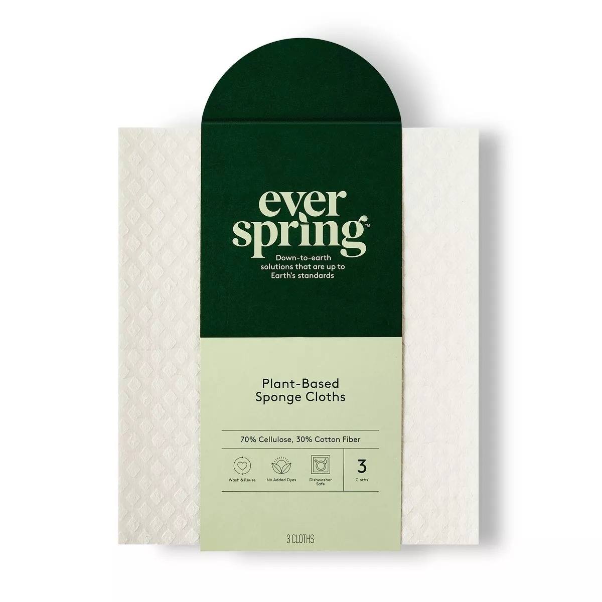 Everspring plant-based sponge cloths packaging, highlighting eco-friendly materials: 70% cellulose, 30% cotton fiber, set of 3