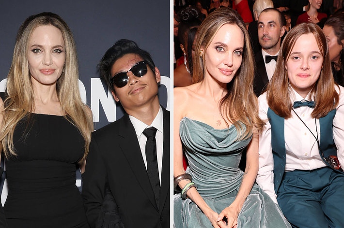 Two images of Angelina Jolie at events, one with Maddox in a black suit, another with Shiloh in a teal gown