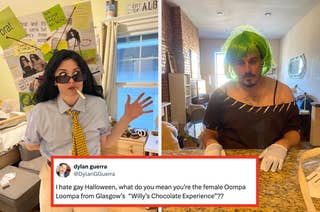 Two people in humorous costumes. One dressed as a character with a tie, glasses, and cigarette, the other in a wig and dress. Tweet joking about Halloween