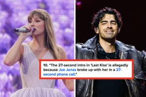 Taylor Swift performs on stage; Joe Jonas smiles in a leather jacket. Text speculates on a 27-second phone breakup