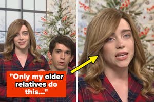 Billie Eilish and a man wearing plaid outfits are featured in a holiday setting. Text reads, "Only my older relatives do this..." with a yellow arrow