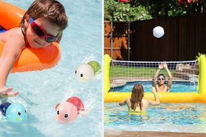 Child on pool float plays with toy turtles. Another scene shows kids playing volleyball in a pool