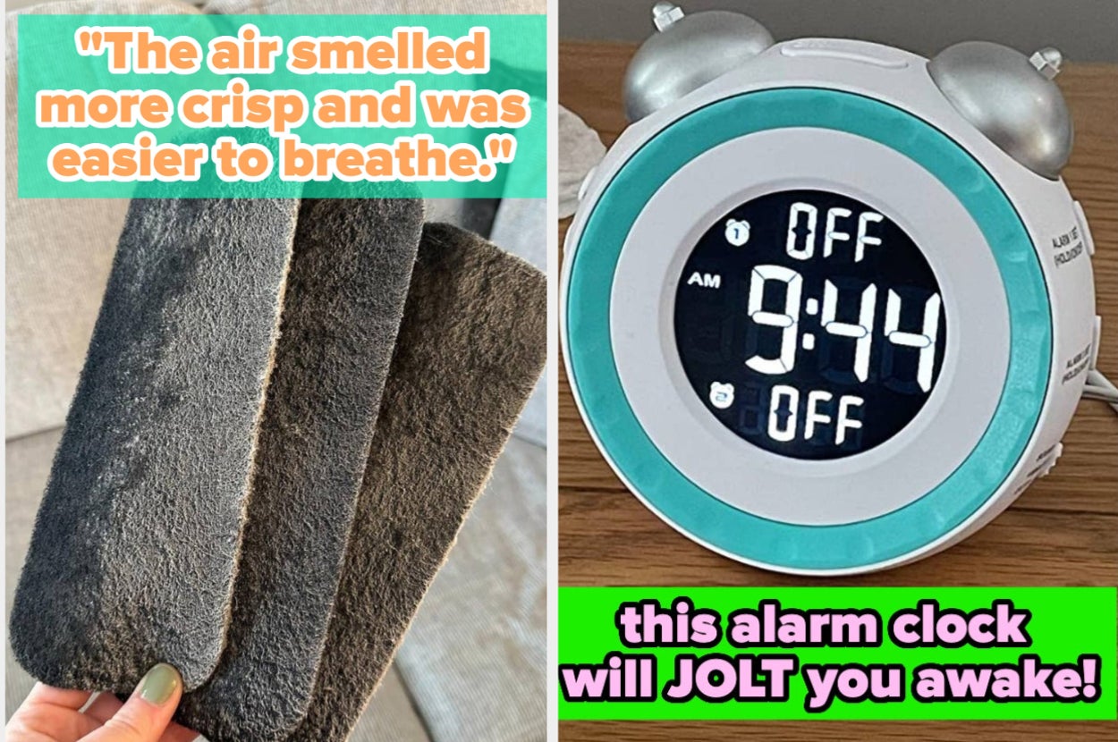Image showing air filters with text "The air smelled more crisp and was easier to breathe" and an alarm clock with text "this alarm clock will JOLT you awake!"