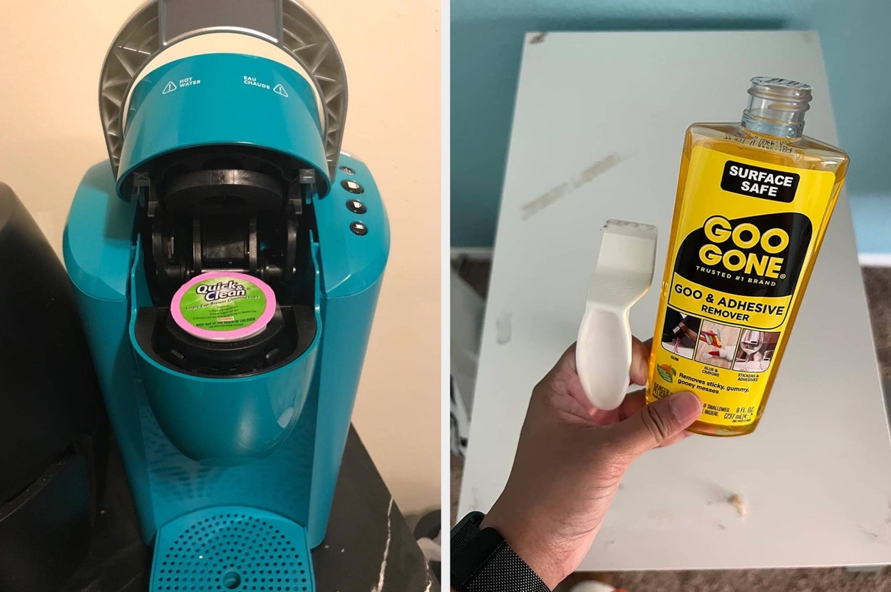 Two images: a coffee maker with a cleaning pod and a bottle of Goo Gone adhesive remover with a white scrubbing tool