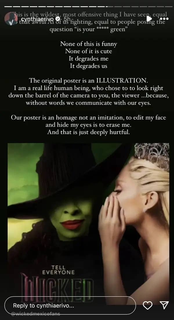 Text on image about a person discussing the impact of a poster depicting them with green skin, emphasizing the symbolic nature and emotional depth