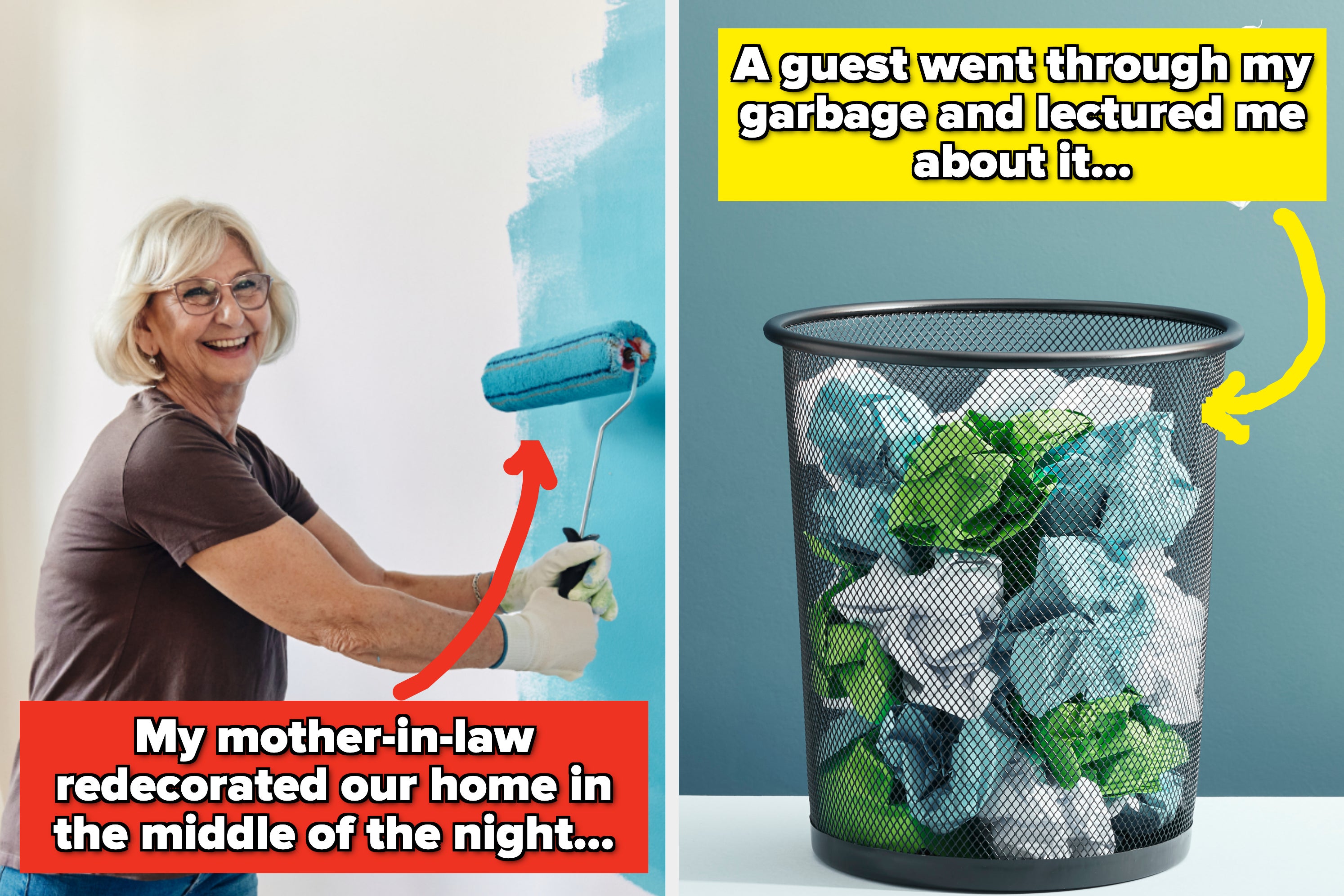 Split image: Left shows woman painting walls; right shows trash can with a text complaint about a guest