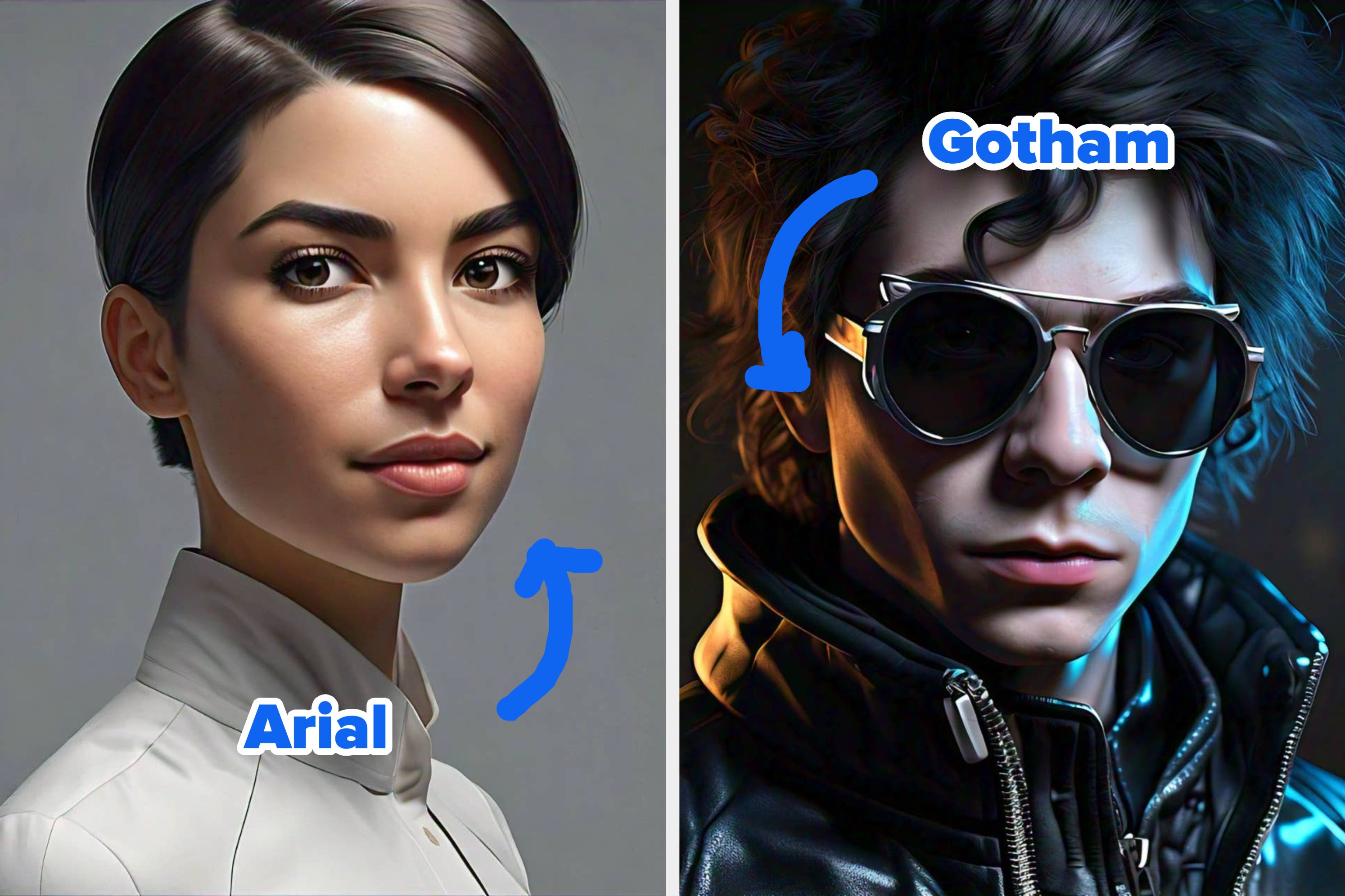 Two digital portraits side by side: Left shows a person with a sleek hairstyle wearing a white high-collared outfit. Right shows a person in dark sunglasses and a leather jacket