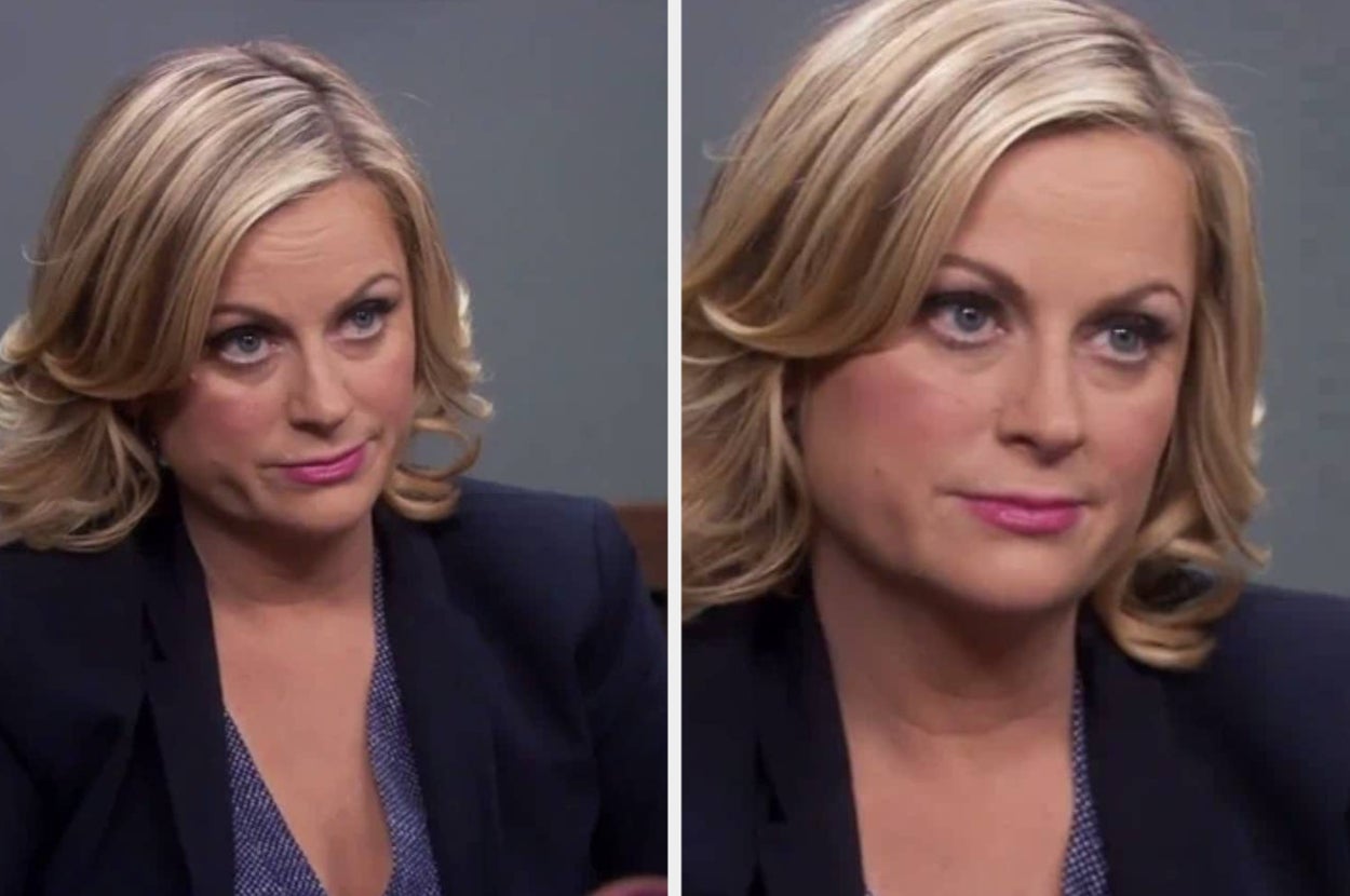 A person with short blonde hair wearing a dark blazer, seen in two side-by-side portraits with a neutral expression