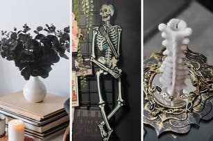 on the left a vase of black eucalyptus branches, on the right a movable paper skeleton