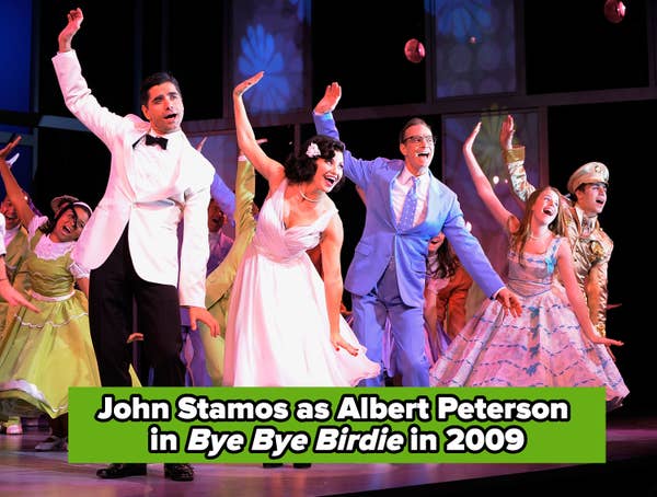Actors perform energetically in a stage musical, featuring vintage-style costumes with suits and dresses, John on the left in a tux and bowtie, caption &quot;John Stamos as Albert Peterson in Bye Bye Birdie in 2009&quot;