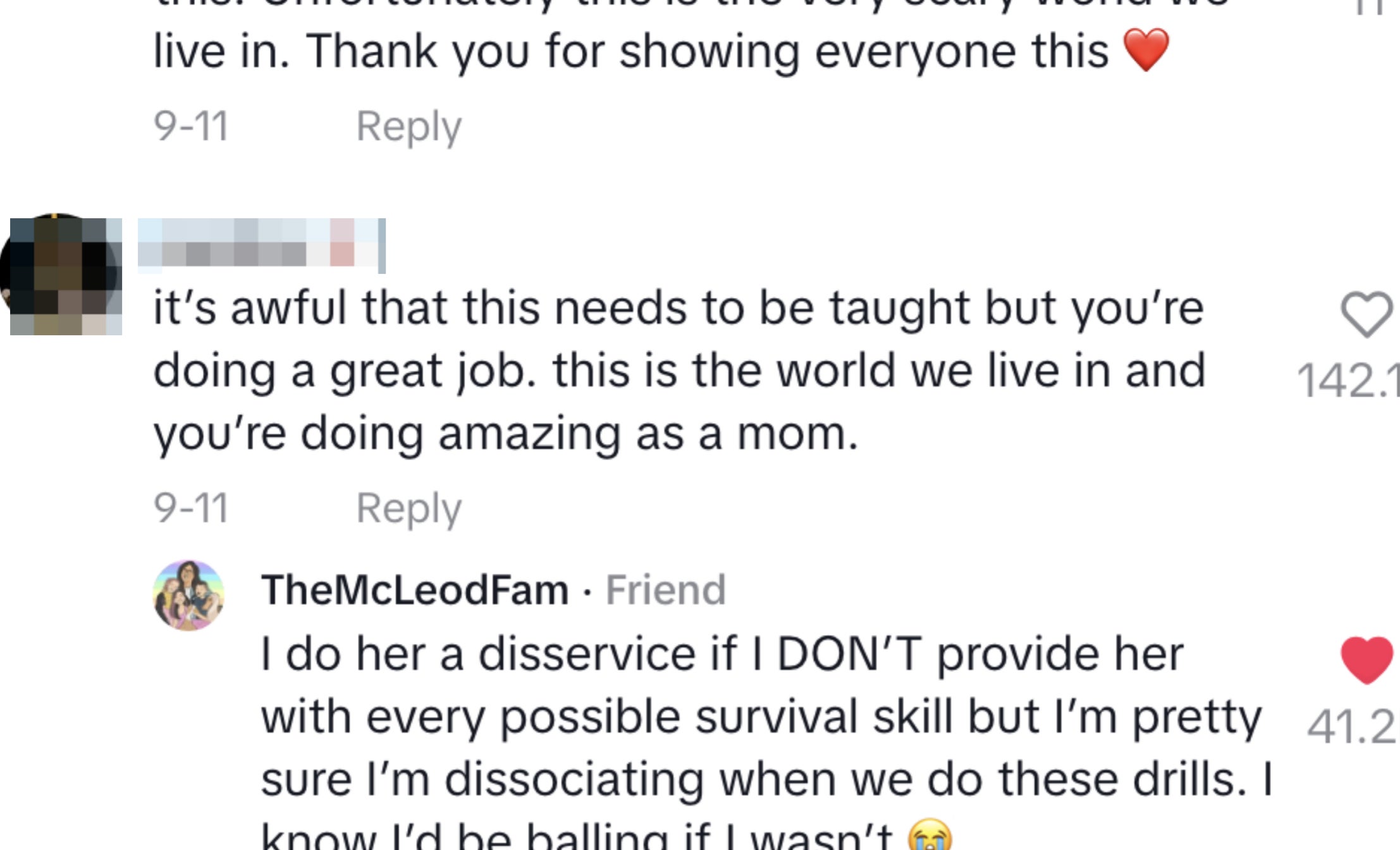 Comments discussing school safety drills and their emotional impact on children and parents