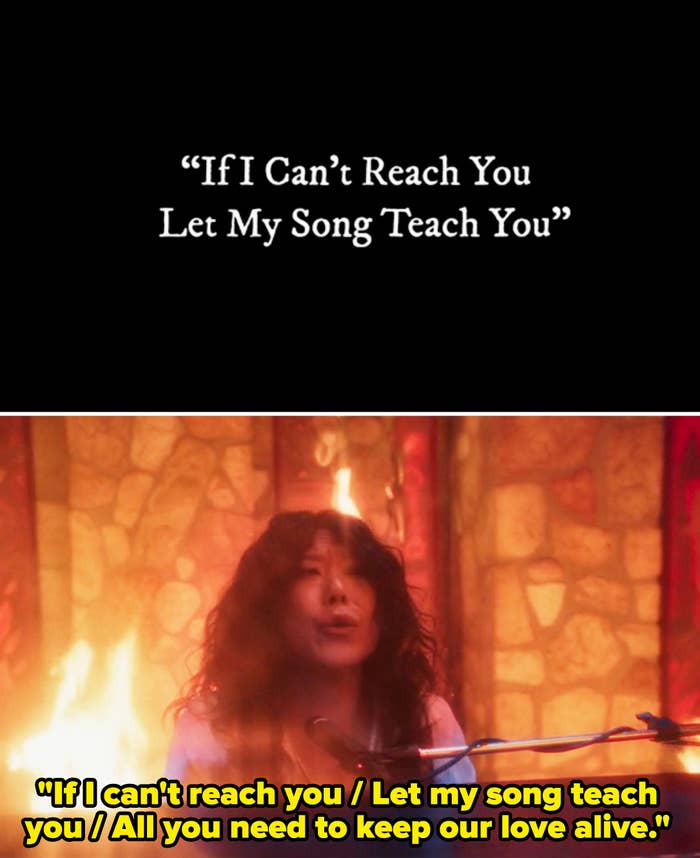 Alice plays piano with fire in the background. Text above reads, &quot;If I Can’t Reach You Let My Song Teach You&quot;