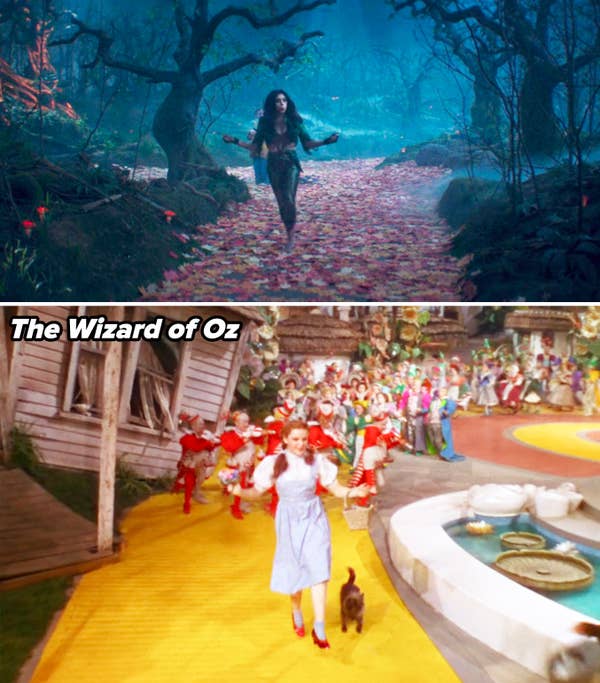 A scene of Rio in &quot;Agatha All Along&quot; skipping down the Witches&#x27; Road, which is covered in leaves vs. a scene from &quot;The Wizard of Oz&quot; where Dorothy skips down the yellow brick road with Toto