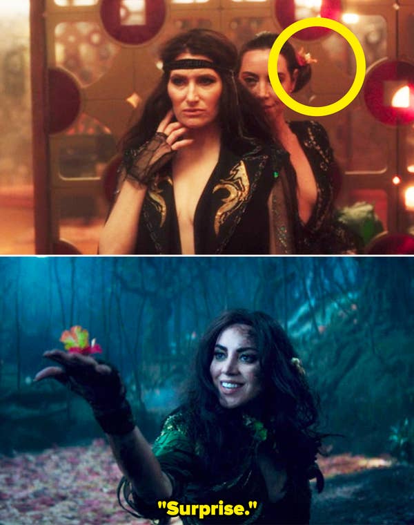 Rio standing behind Agatha vs. Rio holding out a flower and saying, &quot;Surprise.&quot; Both scene from &quot;Agatha All Along&quot;