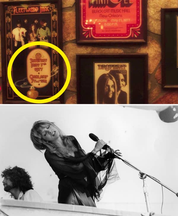 Top: Framed Fleetwood Mac concert posters. Bottom: Stevie Nicks performing passionately on stage with a keyboard