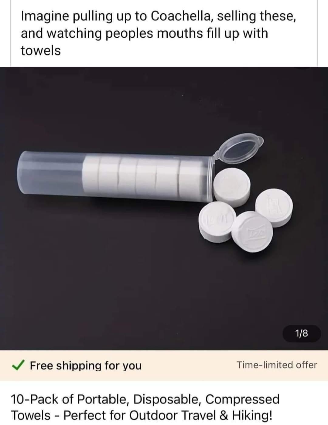 Ad for disposable compressed towels in a portable tube, marketed for outdoor travel and hiking. Offers free shipping and notes it&#x27;s a time-limited offer