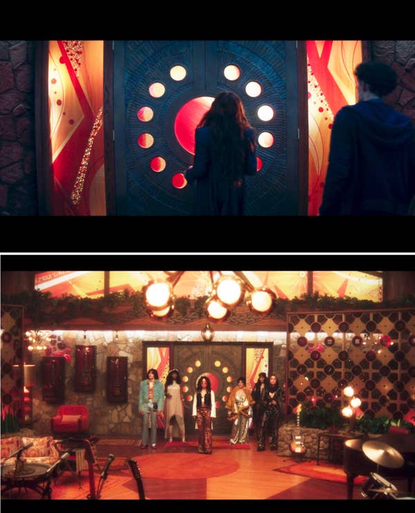 Agatha walking up to a door with the phases of the moon on it vs. the coven inside a house in &#x27;70s clothing and with &#x27;70s decor
