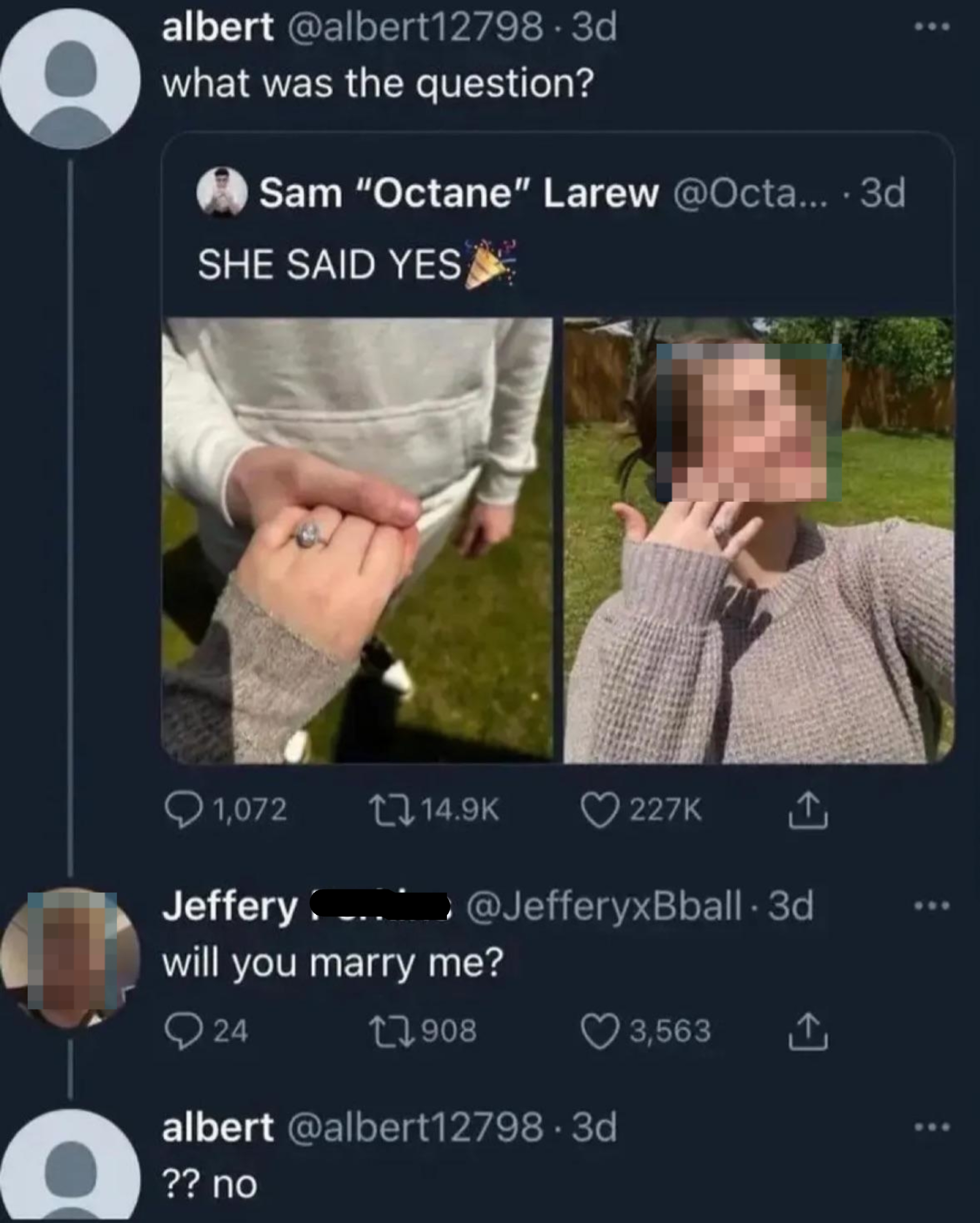 Screenshot of a Twitter exchange: Sam &quot;Octane&quot; Larew tweets a photo of a proposal with text &quot;She said yes.&quot; Jeffrey Perkins comments, &quot;Will you marry me?&quot;