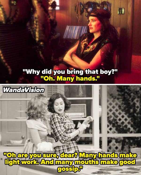 Agatha saying, &quot;Many hands&quot; in a scene from &quot;Agatha All Along&quot; while wearing &#x27;70s clothing vs. a black and white episode of &quot;WandaVision&quot; where she tells Wanda she can help because &quot;many hands make light work&quot;