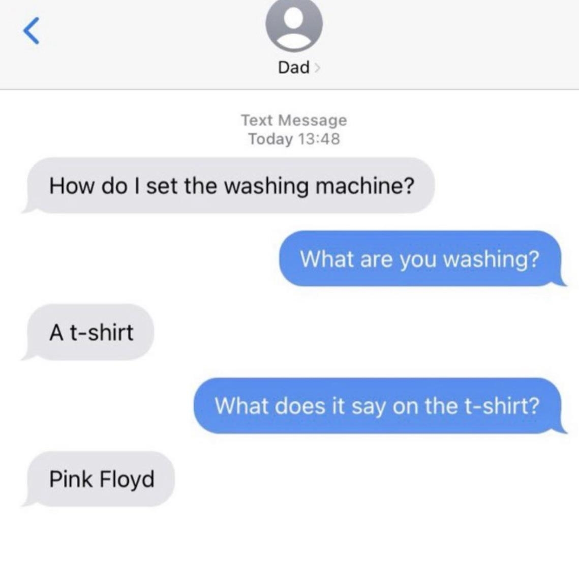 Text conversation between a dad and another person about setting a washing machine for a Pink Floyd T-shirt