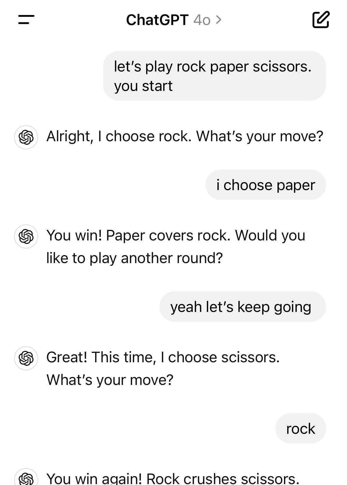 A text exchange of Rock Paper Scissors in a chat app. ChatGPT chooses rock and scissors; the user wins both rounds with paper and rock