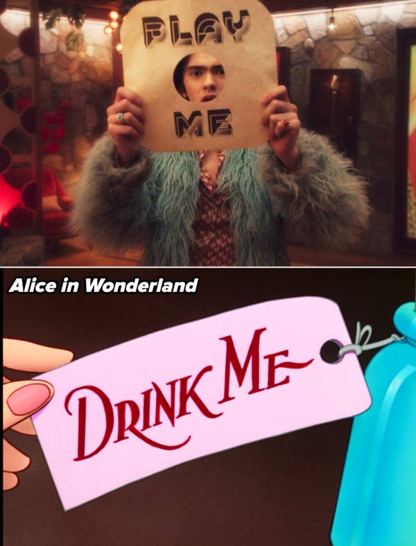Teen in Agatha All Along holds a vinyl with &quot;Play Me&quot;; below, a cartoon hand from &quot;Alice in Wonderland&quot; holds a &quot;Drink Me&quot; tag