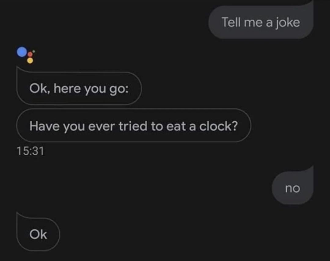 A digital chat exchange with a joke about eating a clock and a simple &quot;no&quot; response