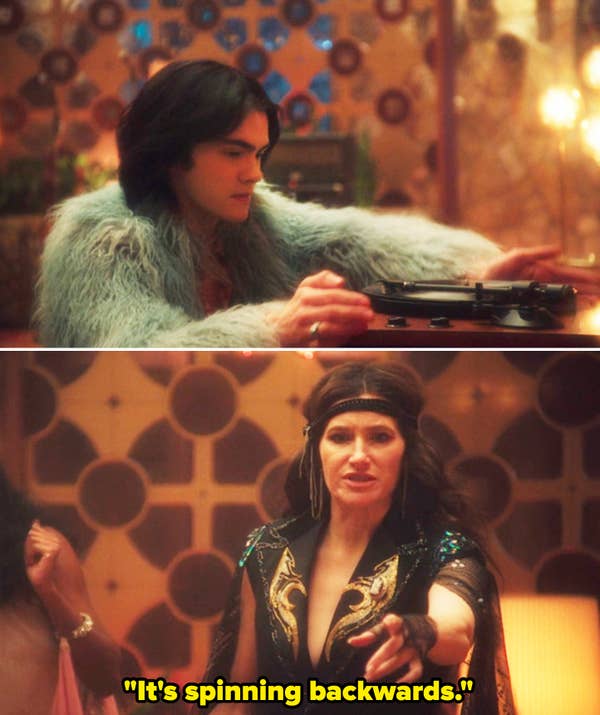 Teen playing a record vs. Agatha saying, &quot;It&#x27;s spinning backwards&quot;