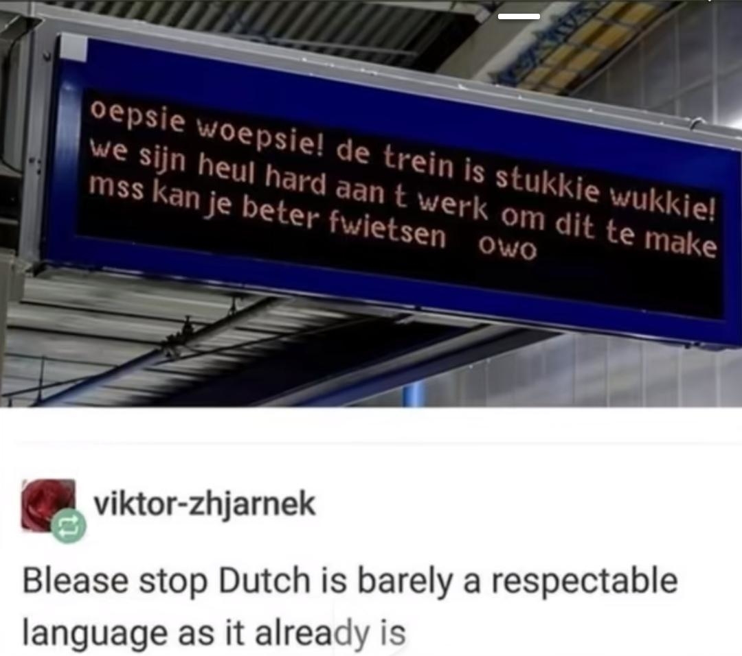 Train sign in Dutch displays whimsical message about delays. Social media comment below jokes about the Dutch language&#x27;s reputation