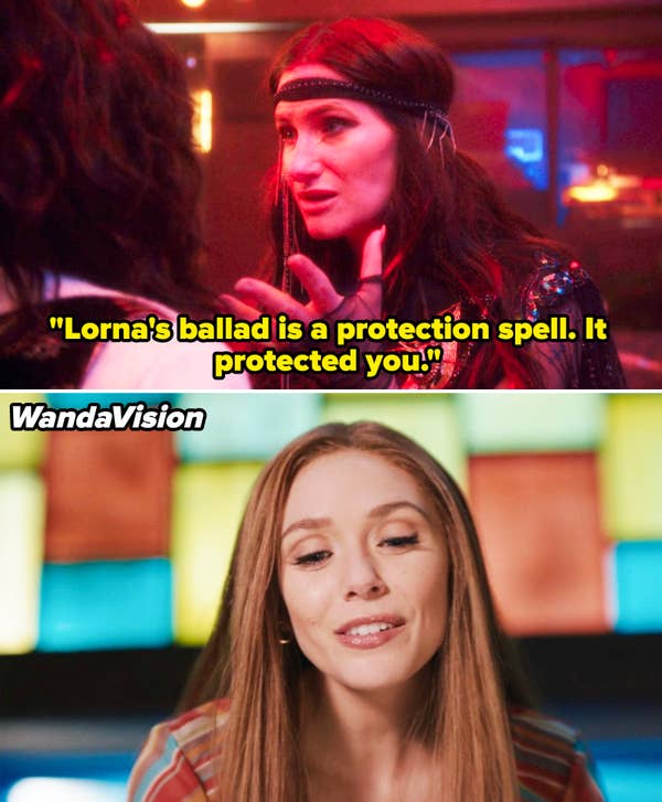 Agatha in &quot;Agatha All Along&quot; telling Alice that the Witches&#x27; Road song is a protection spell vs a still of Wanda singing in &quot;WandaVision&quot;