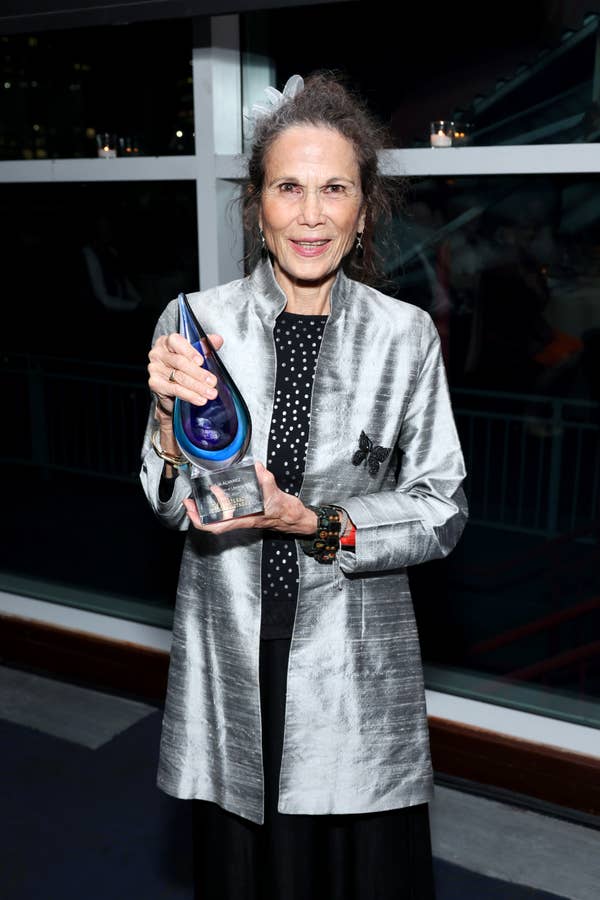 Julia Alvarez poses with an award during the Literacy Partners 50th Anniversary Evening Of Readings &amp;amp; Gala Dinner at Pier 60 on June 10, 2024 in New York City.