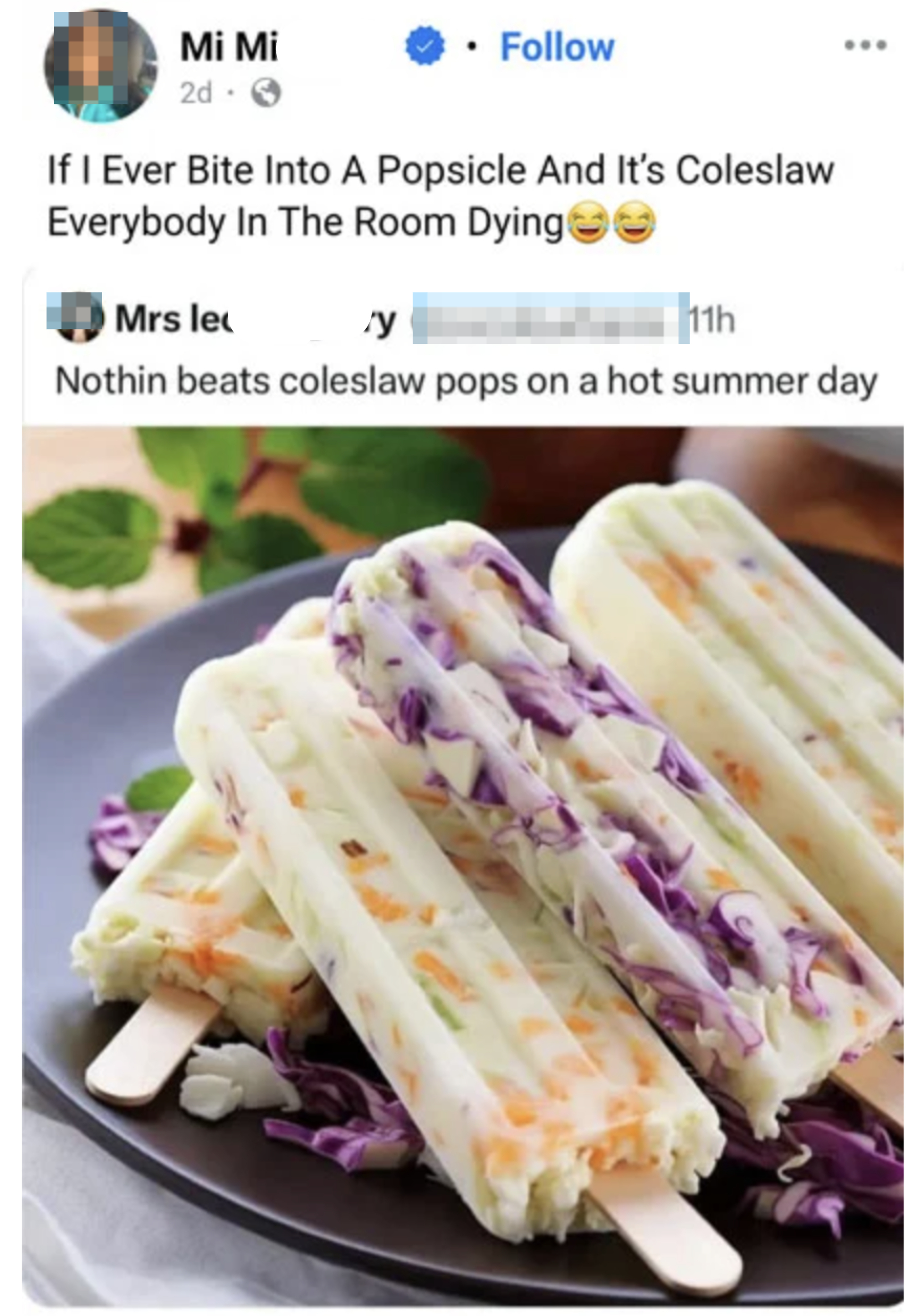 Social media post with text about the humorous surprise of coleslaw in popsicles, featuring an image of several coleslaw popsicles