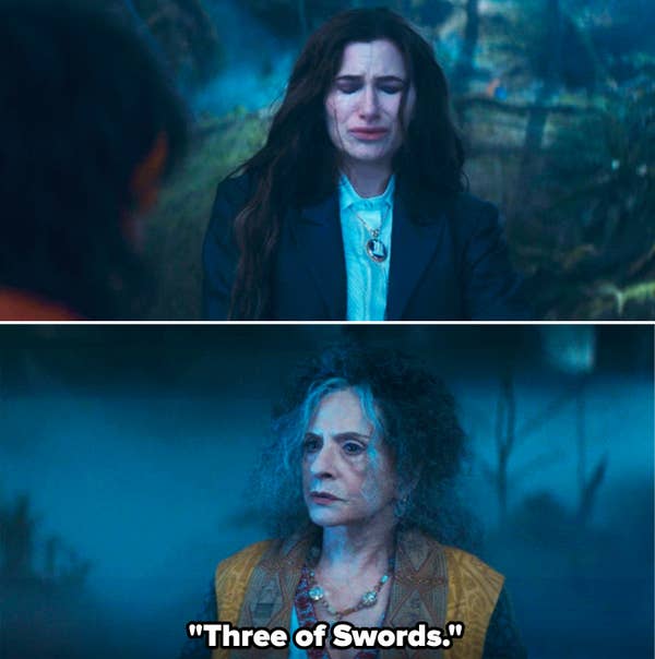 Agatha crying and Lilia saying,  &quot;Three of Swords&quot; in a scene from &quot;Agatha All Along&quot;