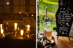 Left: Halloween table with skeleton and candles. Right: Quote by Morticia Addams, “Normal is an illusion. What is normal for the spider…”