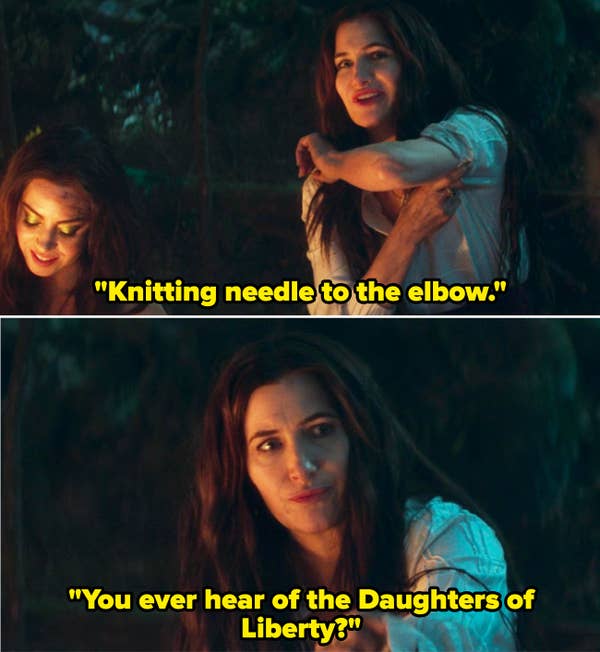 Agatha sitting around a campfire and mentioning the Daughters of Liberty