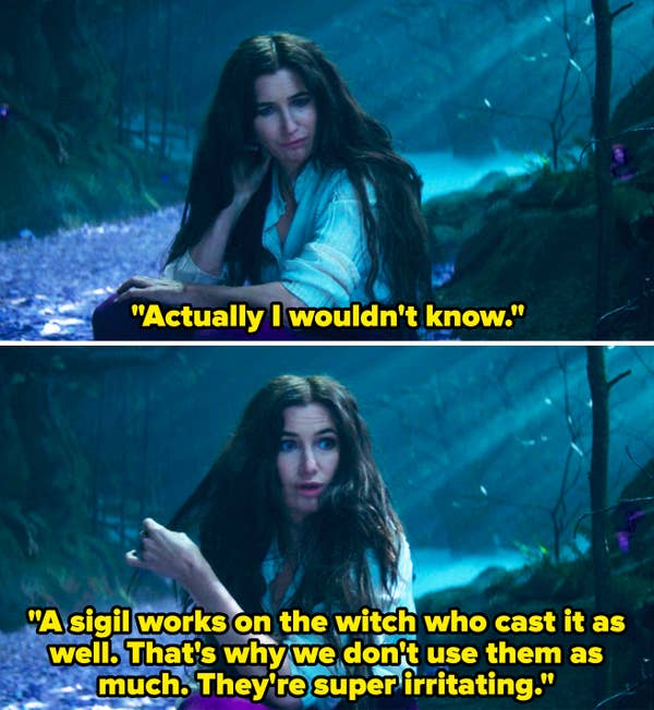 Agatha sitting on a forest floor discussing a sigil in a scene with &quot;Agatha All Along&quot;