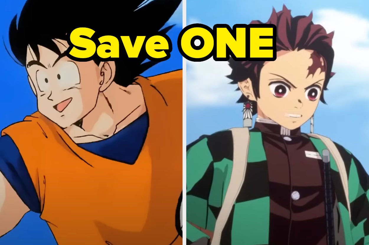 Goku from Dragon Ball and Tanjiro Kamado from Demon Slayer depicted side by side. Text reads: "Save ONE."