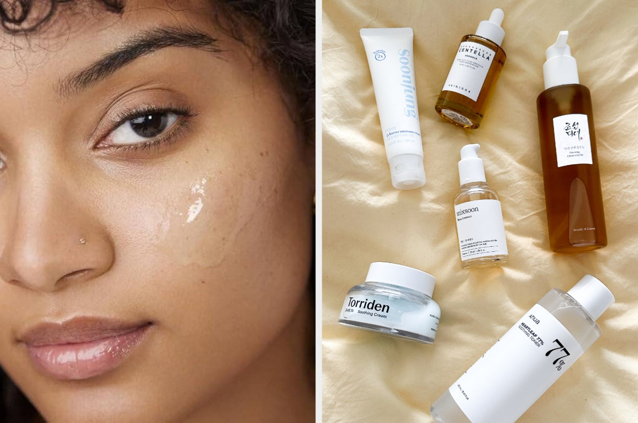 Person applying skincare product on face; next to close-up of skincare products: creams, serums, and a toner presented on a beige surface