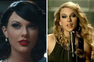 The image shows two people with styled hair and makeup, each in separate close-up shots, both near microphones