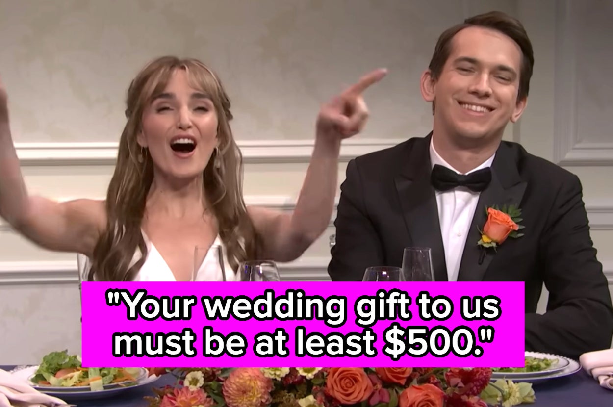 A woman in a white dress and a man in a tuxedo with an orange flower, seated at a table. Text reads: "Your wedding gift to us must be at least $500."