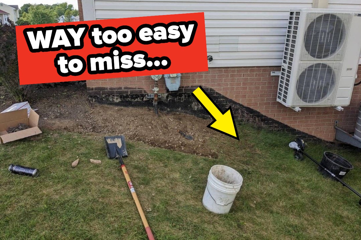 A shovel, bucket, and tools are near a house with text saying "WAY too easy to miss..." and an arrow pointing at an excavation site